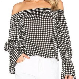 Sanctuary Gingham Plaid Off Shoulder Blouse